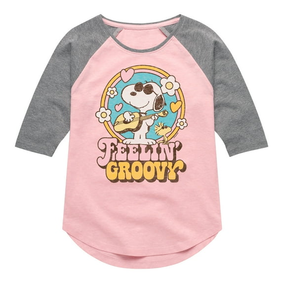 Peanuts - Feelin Groovy Snoopy And Woodstock - Toddler And Youth Girls Raglan Graphic T-Shirt