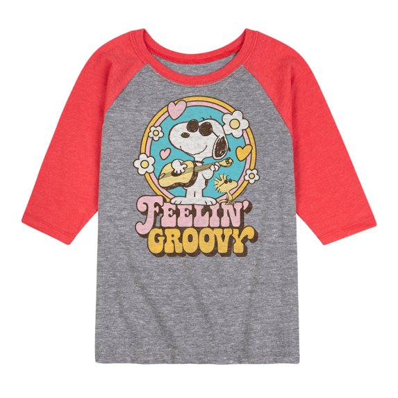 Peanuts - Feelin Groovy Snoopy And Woodstock - Toddler And Youth Raglan Graphic T-Shirt