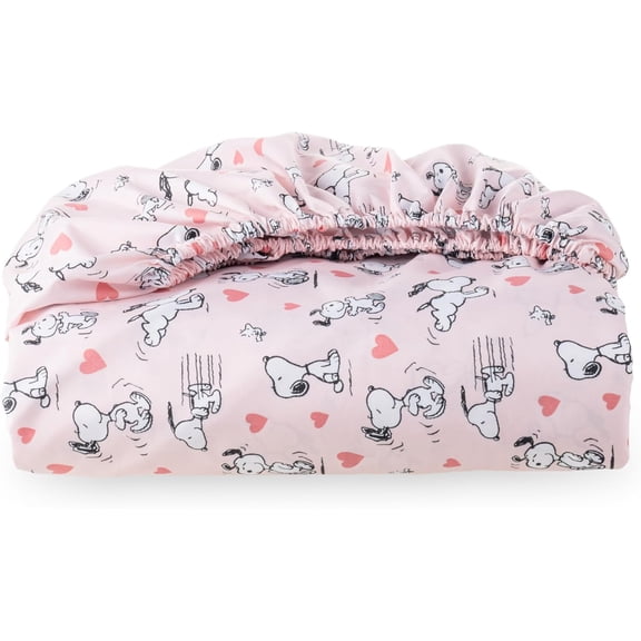 Peanuts Fitted Sheet Full Size(Only), Cute Character Snoopy Microfiber with Deep Pocket, Soft and Breathable, Mini Peanuts Poses Hearts Blush