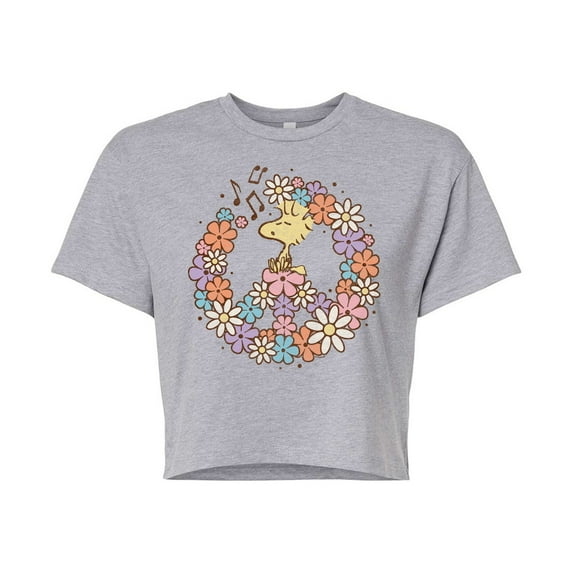 Peanuts - Floral Peace Sign - Woodstock - Juniors Cropped Cotton Blend T-Shirt