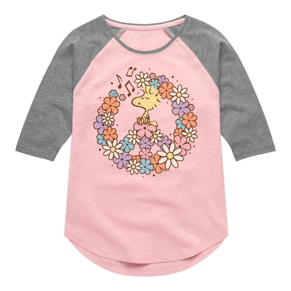 Peanuts - Floral Peace Sign - Woodstock - Toddler & Youth Girls Raglan Graphic T-Shirt