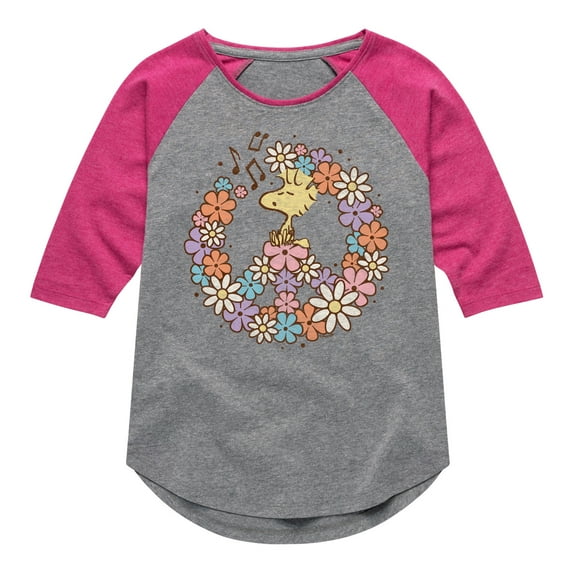 Peanuts - Floral Peace Sign - Woodstock - Toddler & Youth Girls Raglan Graphic T-Shirt