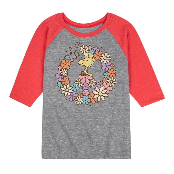 Peanuts - Floral Peace Sign - Woodstock - Toddler & Youth Raglan Graphic T-Shirt