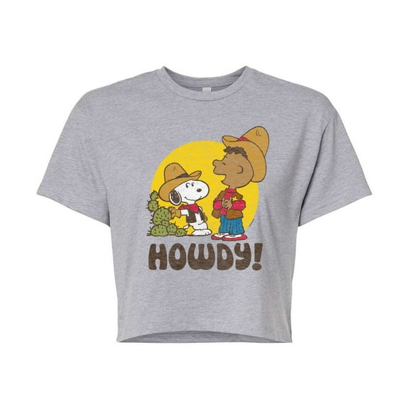 Peanuts - Franklin And Snoopy Howdy - Juniors Cropped Cotton Blend T-Shirt