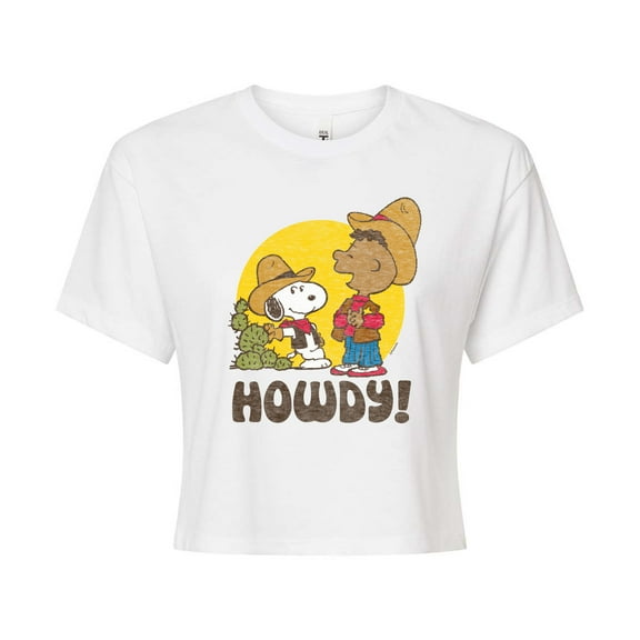 Peanuts - Franklin And Snoopy Howdy - Juniors Cropped Cotton Blend T-Shirt