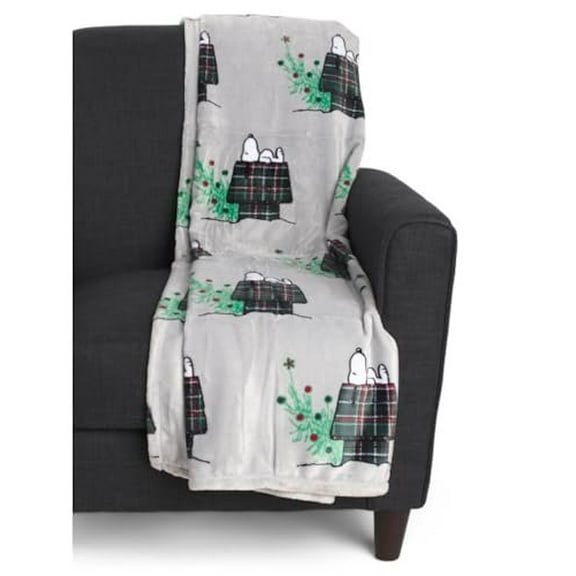 Peanuts Gang Christmas Throw Blanket Gray - Black Plaid Doghouse, Throw 50x70
