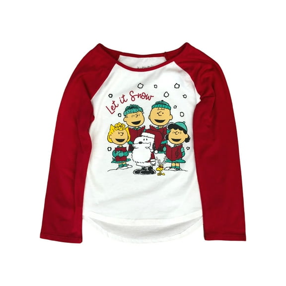 Peanuts Girls Long Sleeve Snoopy Christmas Holiday T-Shirt Let It Snow Tee 6
