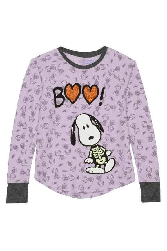 Girls Purple Thermal Snoopy Halloween Shirt Boo Dog Skeleton Top Medium