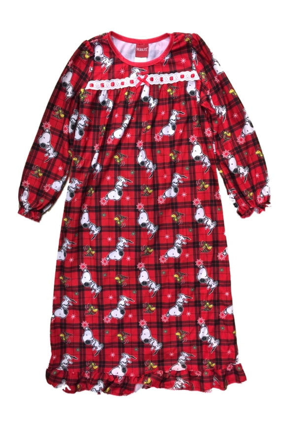 Girls Red Flannel Snoopy Dog Nightgown Christmas Holiday Night Gown XS