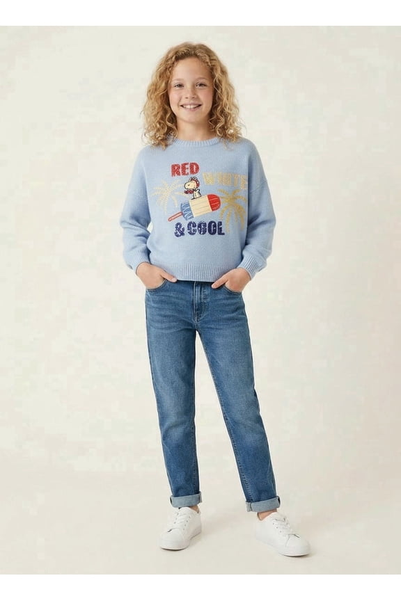 Girls' Snoopy Long Sleeve Red White & Cool Americana Sweater, Sizes XS-L
