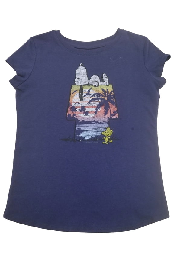 Peanuts Girls Snoopy & Woodstock Dog House Navy Blue Tee Shirt T-Shirt 6x
