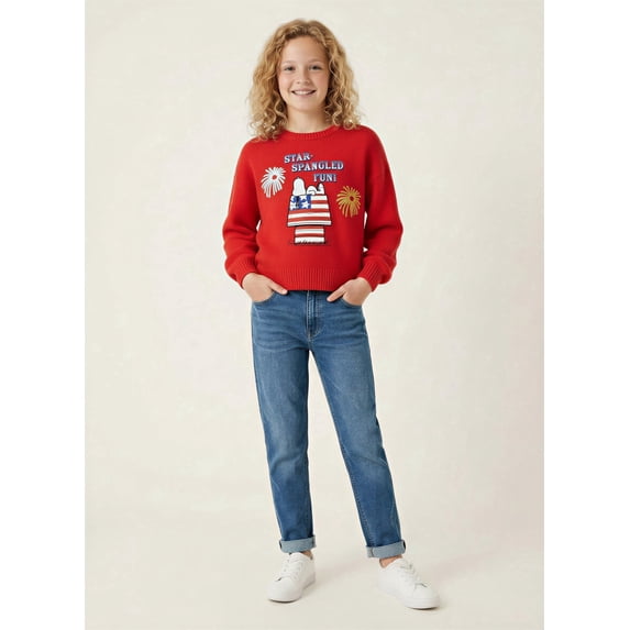 Peanuts Girls' Sweater Snoopy Star Spangled Fun Long Sleeve Crewneck Sweater, Sizes XS-L