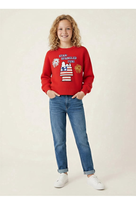 Girls' Sweater Snoopy Star Spangled Fun Long Sleeve Crewneck Sweater, Sizes XS-L