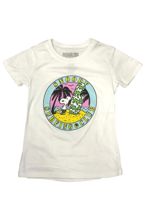 Girls White Sparkle Short Sleeve Snoopy Surfing Club Tee Shirt S (6-6X)