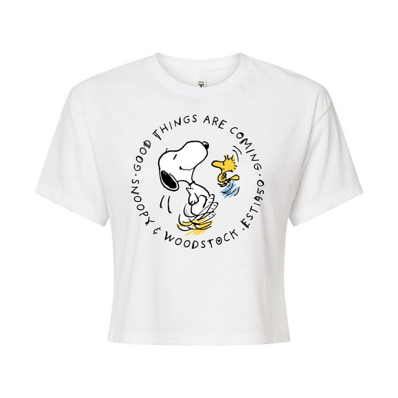 Peanuts - Good Things Are Coming Circle - Juniors Cropped Cotton Blend T-Shirt