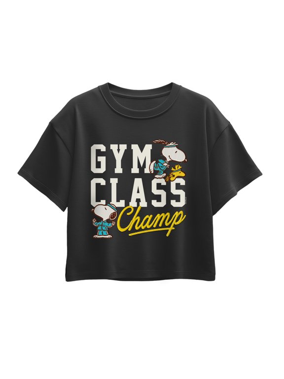 - Gym Class Champ Faux Patch Girls' Short Sleeve Boxy Graphic T-Shirt