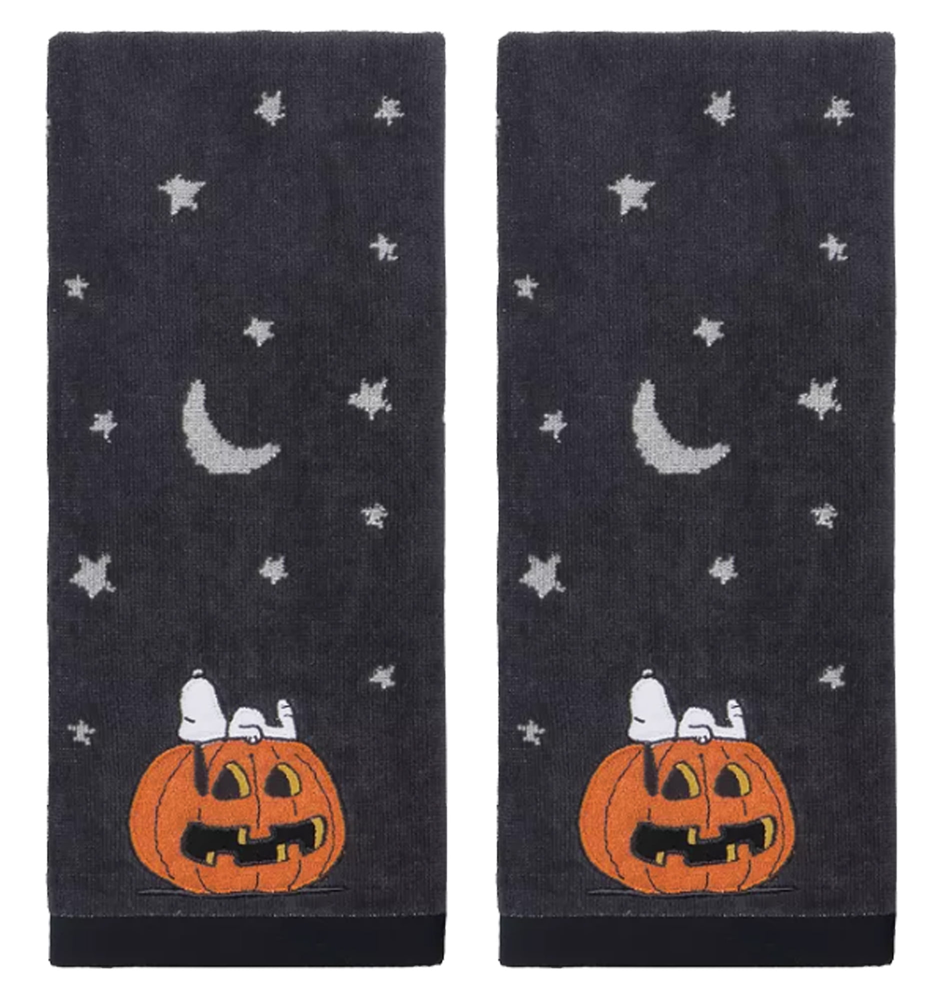 Peanuts Halloween Bath Hand Towels, 2 Pieces, Gray with White Stars Moon Snoopy Pumpkin