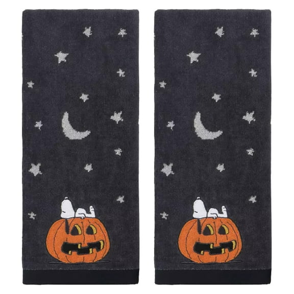 Peanuts Halloween Bath Hand Towels, 2 Pieces, Gray with White Stars Moon Snoopy Pumpkin