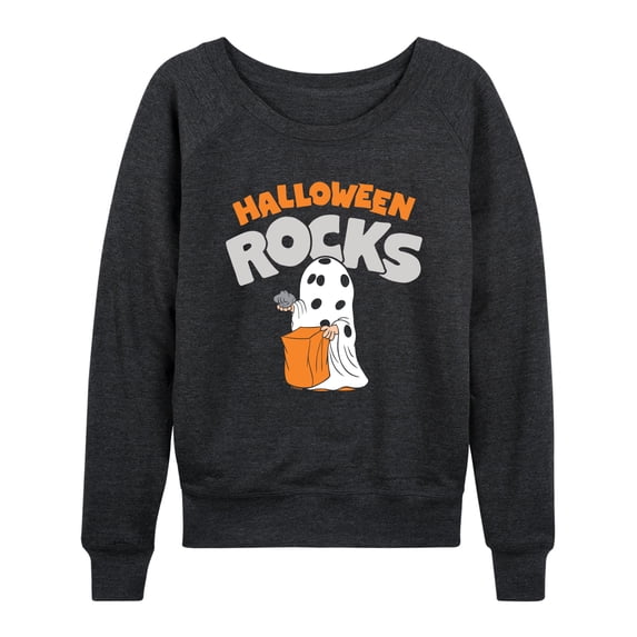 Peanuts - Halloween Rocks Women's Lightweight French Terry Wide Neck Long Sleeve Graphic Shirt