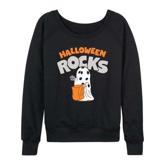Peanuts - Halloween Rocks Women's Lightweight French Terry Wide Neck Long Sleeve Graphic Shirt