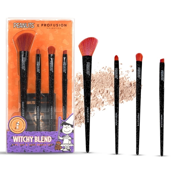 Profusion Cosmetics Peanuts Halloween Witchy Blend 4 PC Eye & Face Brush Set, Fluffy Lightweight Makeup Brushes with Synthetic Bristles for Smooth Application