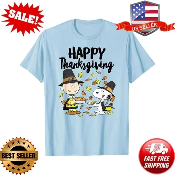 Peanuts - Happy Thanksgiving Charlie Woodstock T-Shirt ,Light Blue Color,Size XL