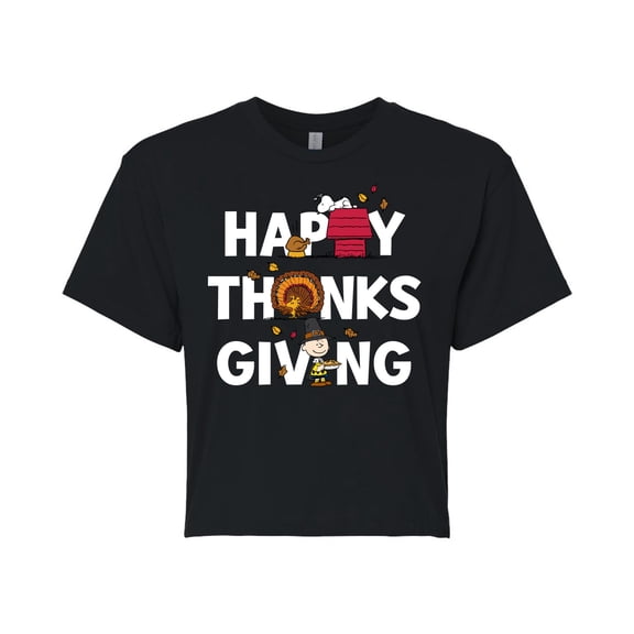 Peanuts - Happy Thanksgiving Icons - Juniors Cropped Cotton Blend T-Shirt