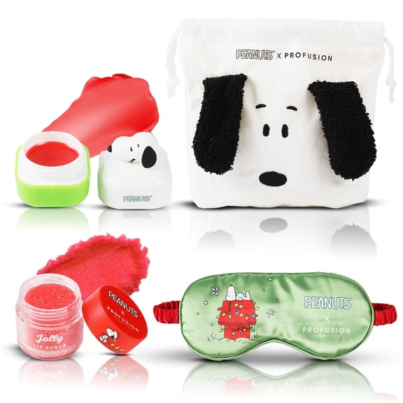 Profusion Cosmetics Peanuts Holiday 4-Piece Bedtime Self-Care Set – Includes Snoopy Pouch, Silk Sleep Mask, Lip Scrub & Overnight Lip Balm for Relaxing Beauty Care