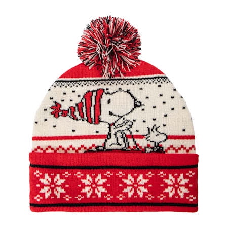 Peanuts Holiday Beanie with Pom Pom, Red and White Knit Winter Hat