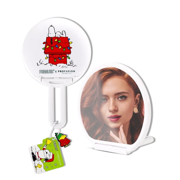 Profusion Cosmetics Peanuts Holiday Handheld Mirror, Compact Travel Accessory Includes Lightweight Vanity Mirror with Folding Handle & Woodstock Keychain