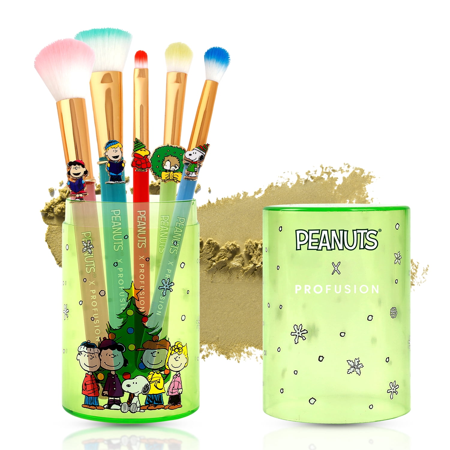 Profusion Cosmetics Peanuts Holiday Merry & Bright Brush Set with Case, 5PC Face & Eye Makeup Brush with Synthetic Bristles for Blending, Shading & Blush