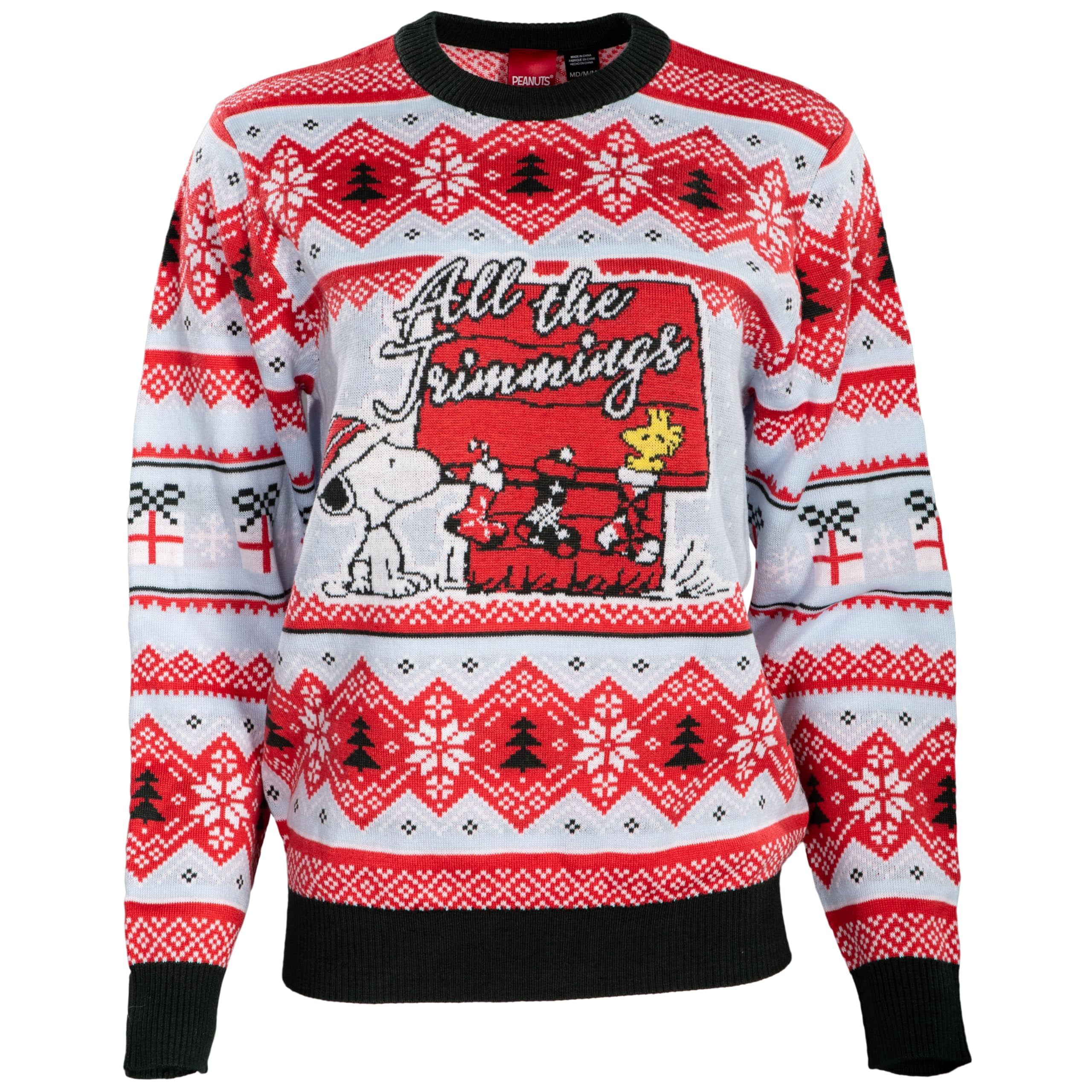 Peanuts House Snoopy and Woodstock All The Trimmings Adult Ugly Christmas Sweater