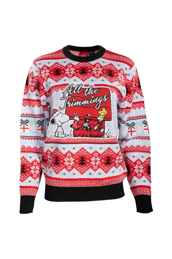 Peanuts House Snoopy and Woodstock All The Trimmings Adult Ugly Christmas Sweater
