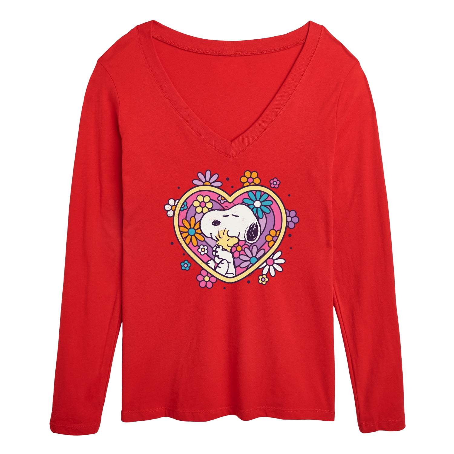 Peanuts Hug Heart Flower Women's Long Sleeve VNeck Graphic TShirt