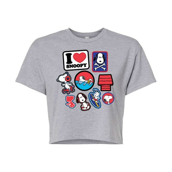 Peanuts - I Heart Snoopy Patches - Juniors Cropped Cotton Blend T-Shirt
