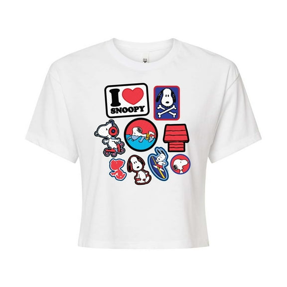 Peanuts - I Heart Snoopy Patches - Juniors Cropped Cotton Blend T-Shirt