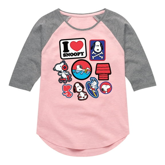Peanuts - I Heart Snoopy Patches - Youth Girls Raglan Tee