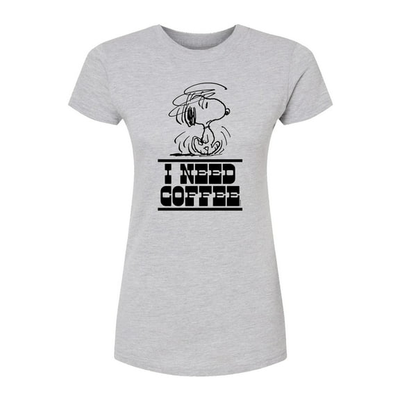 Peanuts - I Need Coffee Snoopy - Juniors Fitted Graphic T-Shirt