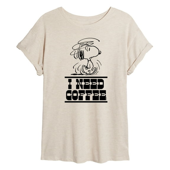 Peanuts - Need Coffee Snoopy - Juniors Oversized Graphic T-Shirt