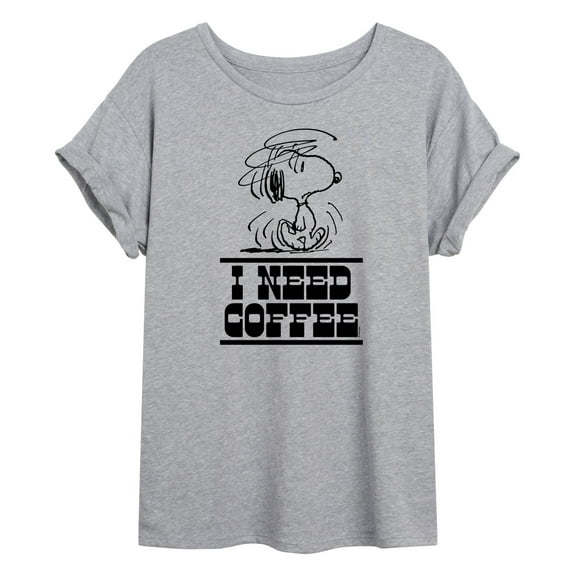 Peanuts - Need Coffee Snoopy - Juniors Oversized Graphic T-Shirt