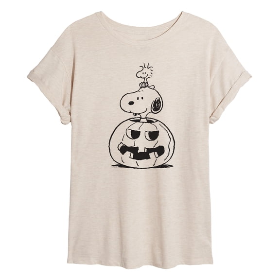 Peanuts - Jack-O-Lantern Snoopy and Woodstock - Juniors Oversized Graphic T-Shirt