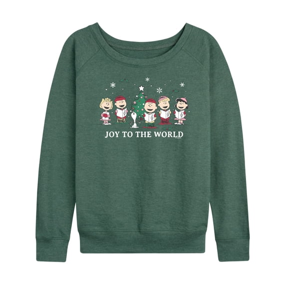 Peanuts - Joy To The World Women's Lightweight French Terry Wide Neck Long Sleeve Graphic Shirt