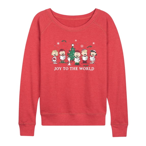 Peanuts - Joy To The World Women's Lightweight French Terry Wide Neck Long Sleeve Graphic Shirt