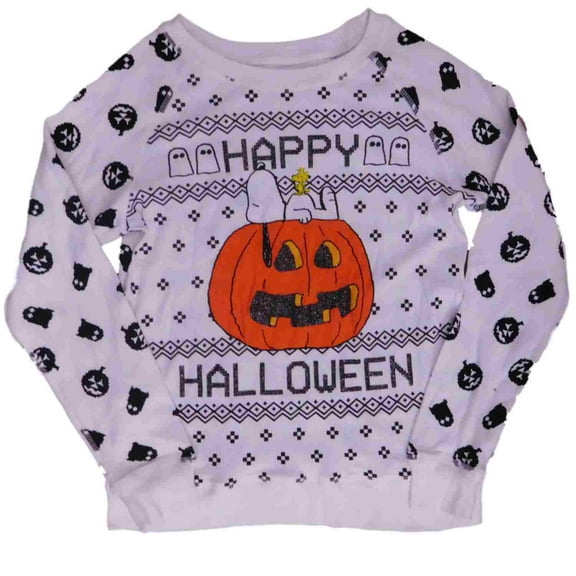 Peanuts Junior Womens White Happy Halloween Snoopy Sweatshirt Pumpkin Top Small