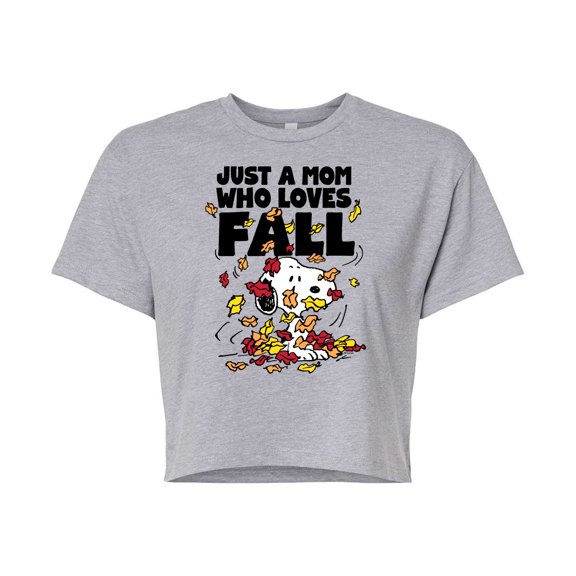 Peanuts - Just A Mom Who Loves Fall - Juniors Cropped Cotton Blend T-Shirt