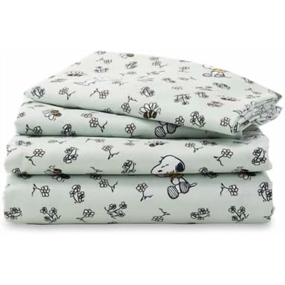 Peanuts® Kids Sheet Set Full Size - 4 Pieces,Cute Character Snoopy Printed Soft Microfiber Bed Sheets,Mini Snoopy & Woodstock New Flower and Bees Sage