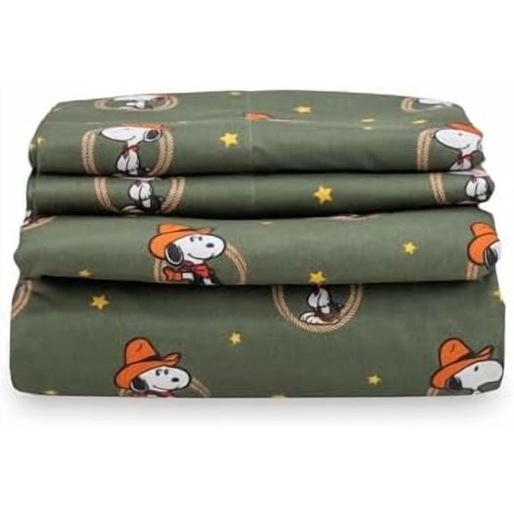 Peanuts® Kids Sheet Set King Size - 4 Pieces,Cute Character Snoopy Printed Soft Microfiber Bed Sheets,Snoopy Giddy Up Cowboy Sheets Moss