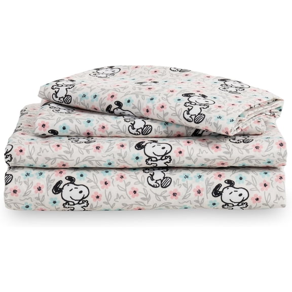 Peanuts® Kids Sheet Set Queen Size - 4 Pieces,Cute Character Snoopy Printed Soft Microfiber Bed Sheets,Peanuts Make A Wish Spring Pink