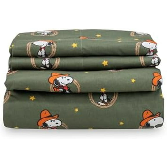 Peanuts® Kids Sheet Set King Size - 4 Pieces,Cute Character Snoopy Printed Soft Microfiber Bed Sheets,Snoopy Giddy Up Cowboy Sheets Moss