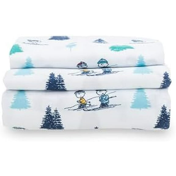 Peanuts® Kids Sheet Set Twin Size - 3 Pieces,Cute Character Snoopy Printed Soft Microfiber Bed Sheets,Snoopy's Winter Wonderland Sheet White-Blue